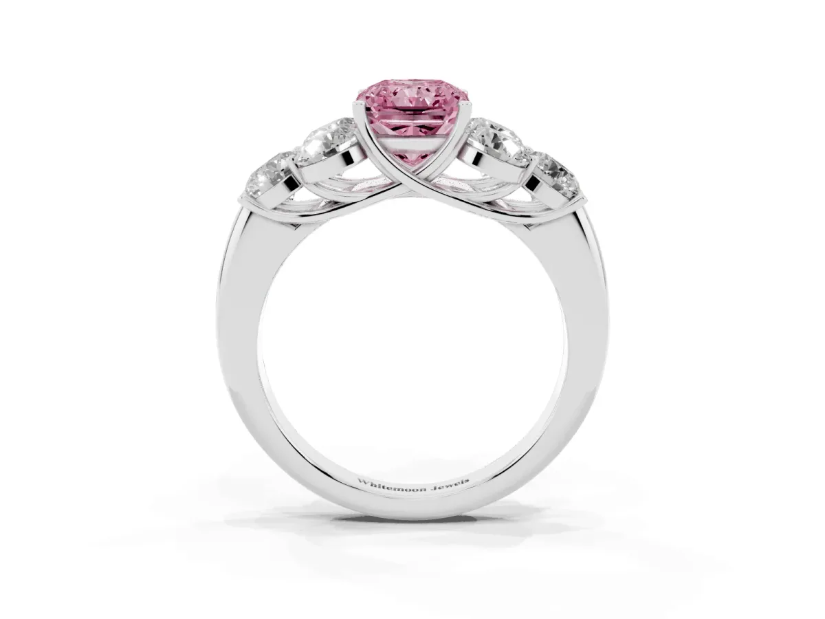 Fancy Pink Radiant Cut Cut Diamond Cluster Ring with Round Accent Stones and Prong Setting on a Classic Band White gold