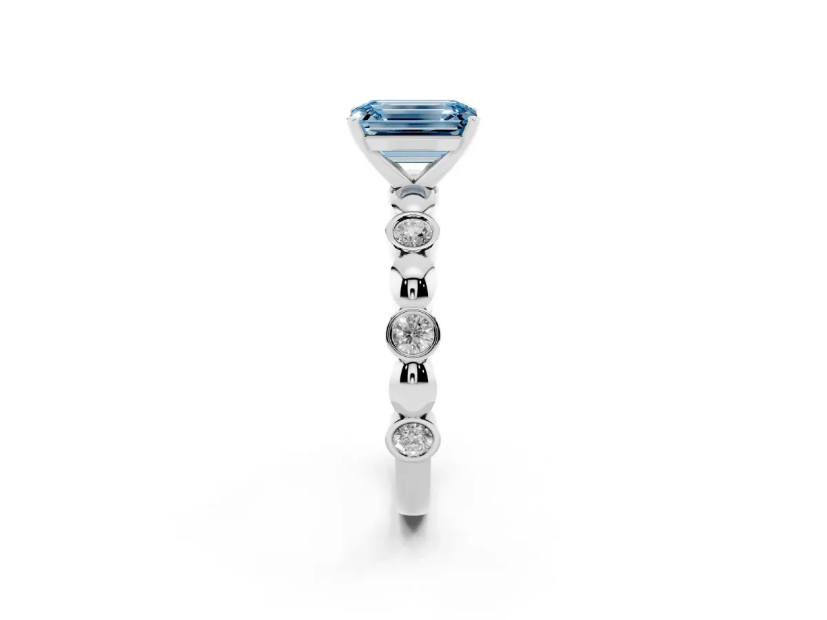 Fancy Blue Emerald Cut Solitaire Bezel-Set Diamond Ring with Beaded Band and Four-Prong Setting Silver