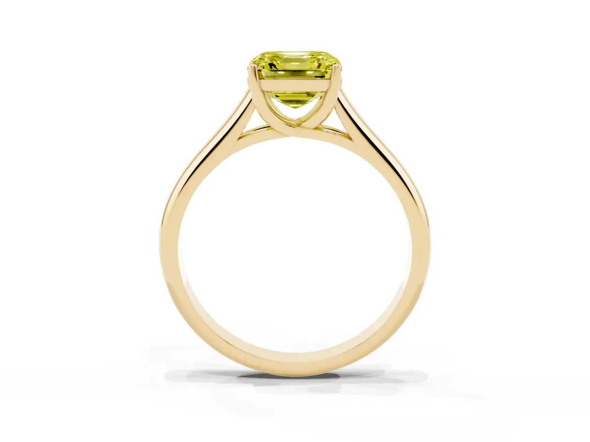Fancy Yellow Asscher Cut Solitaire Engagement Ring with Tapered Band and Four-Prong Setting Yellow gold