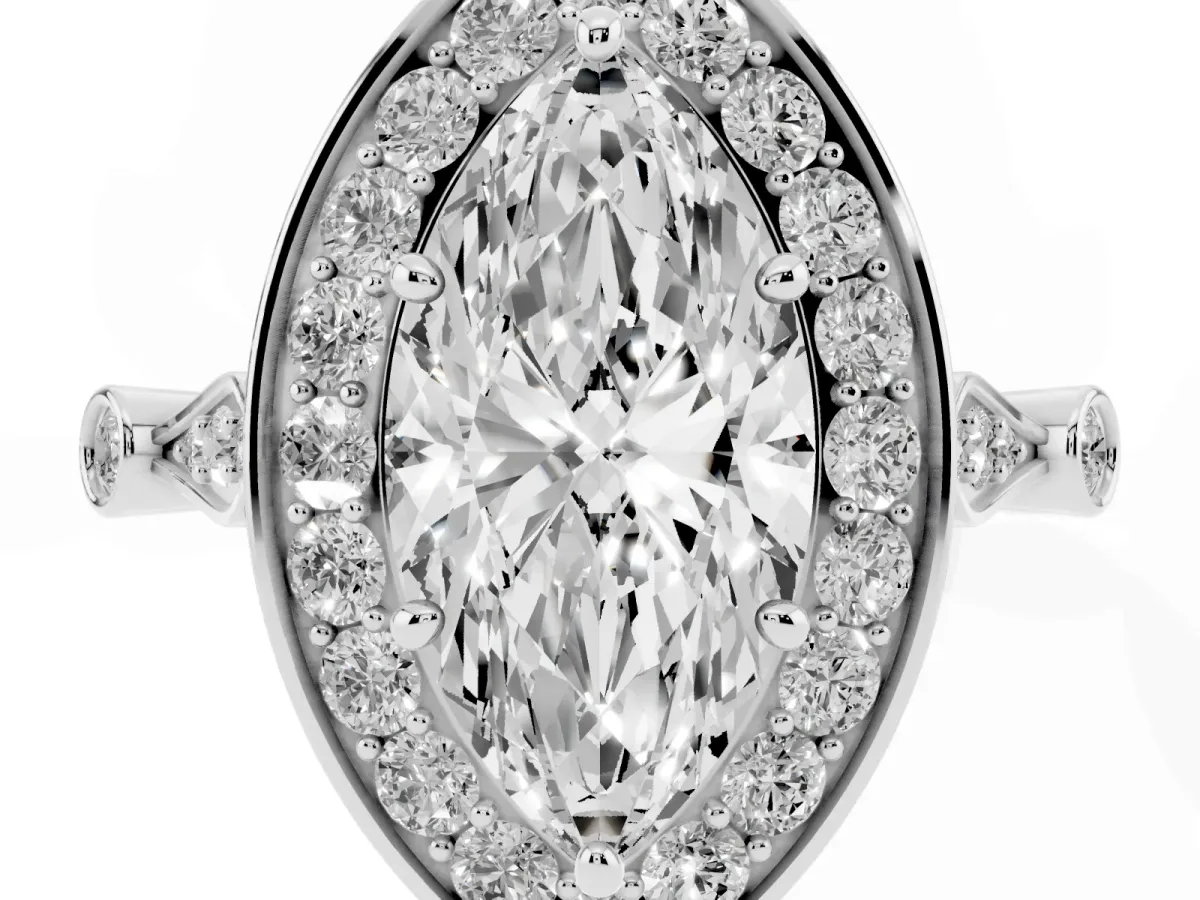 Marquise Cut Halo Diamond Engagement Ring with Twisted Band and Four-Prong Setting White gold