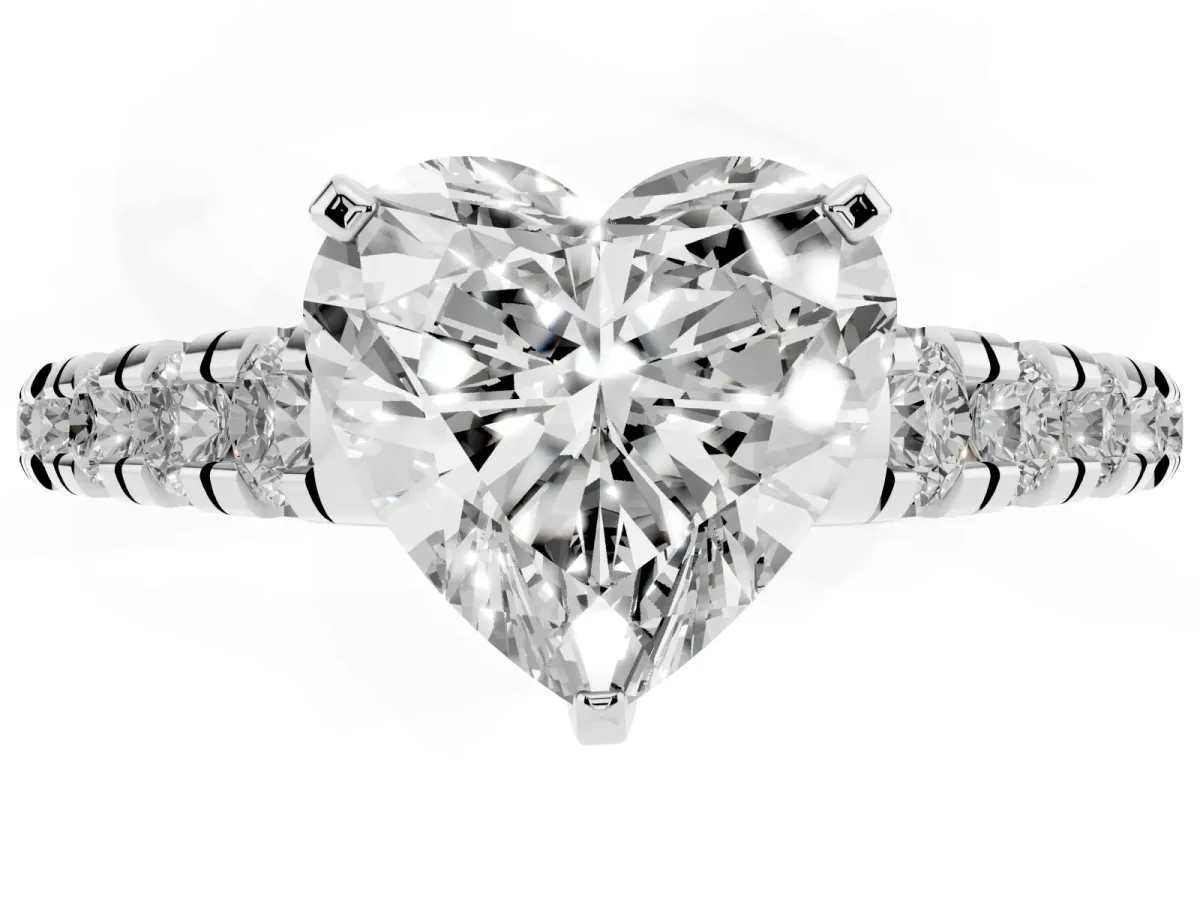 Heart Cut Diamond Cathedral Solitaire Ring with Round Pavé Band Silver