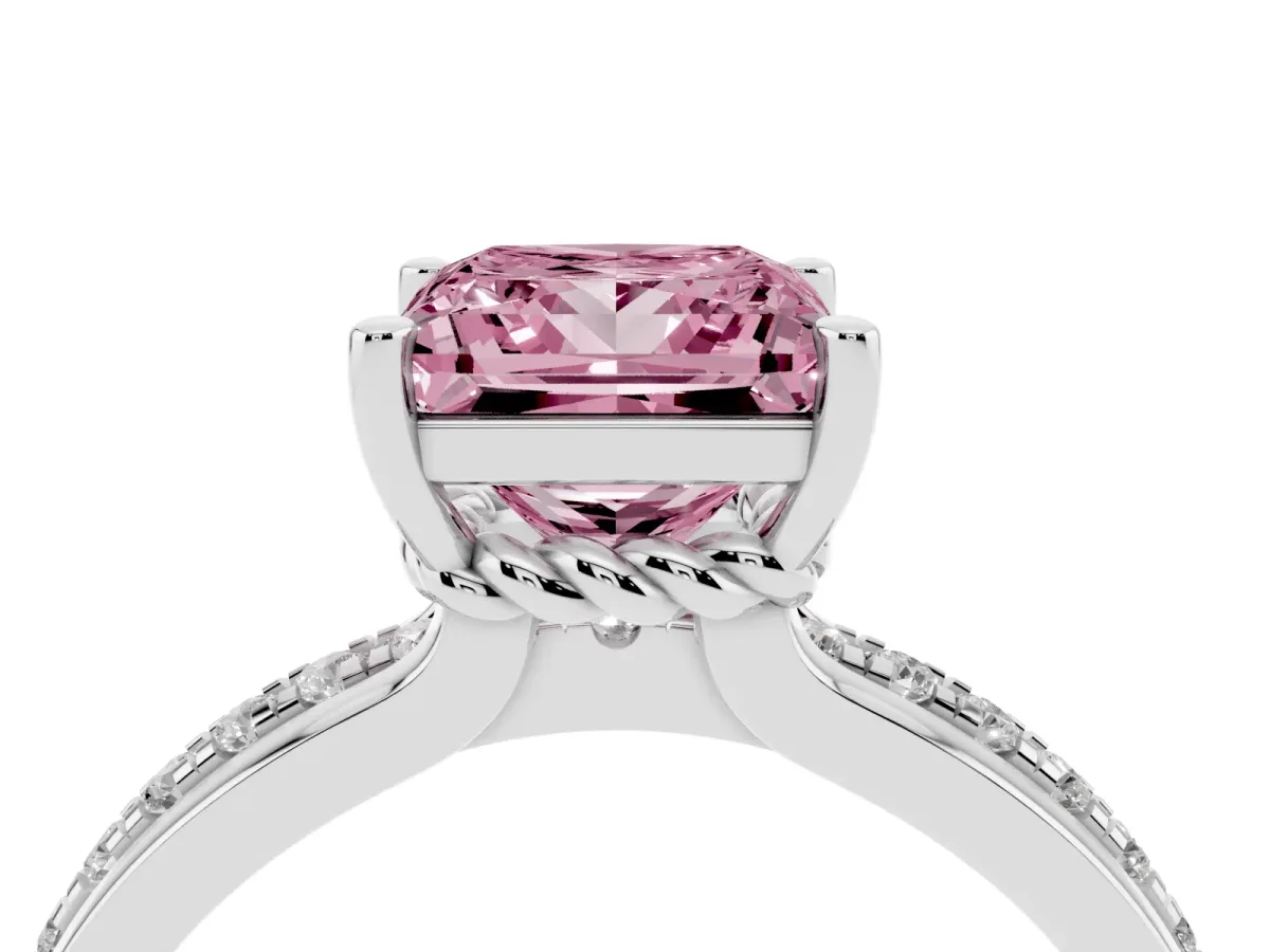 Fancy Pink Princess Cut Solitaire Diamond Ring with Channel Set Band and Six-Prong Setting Silver