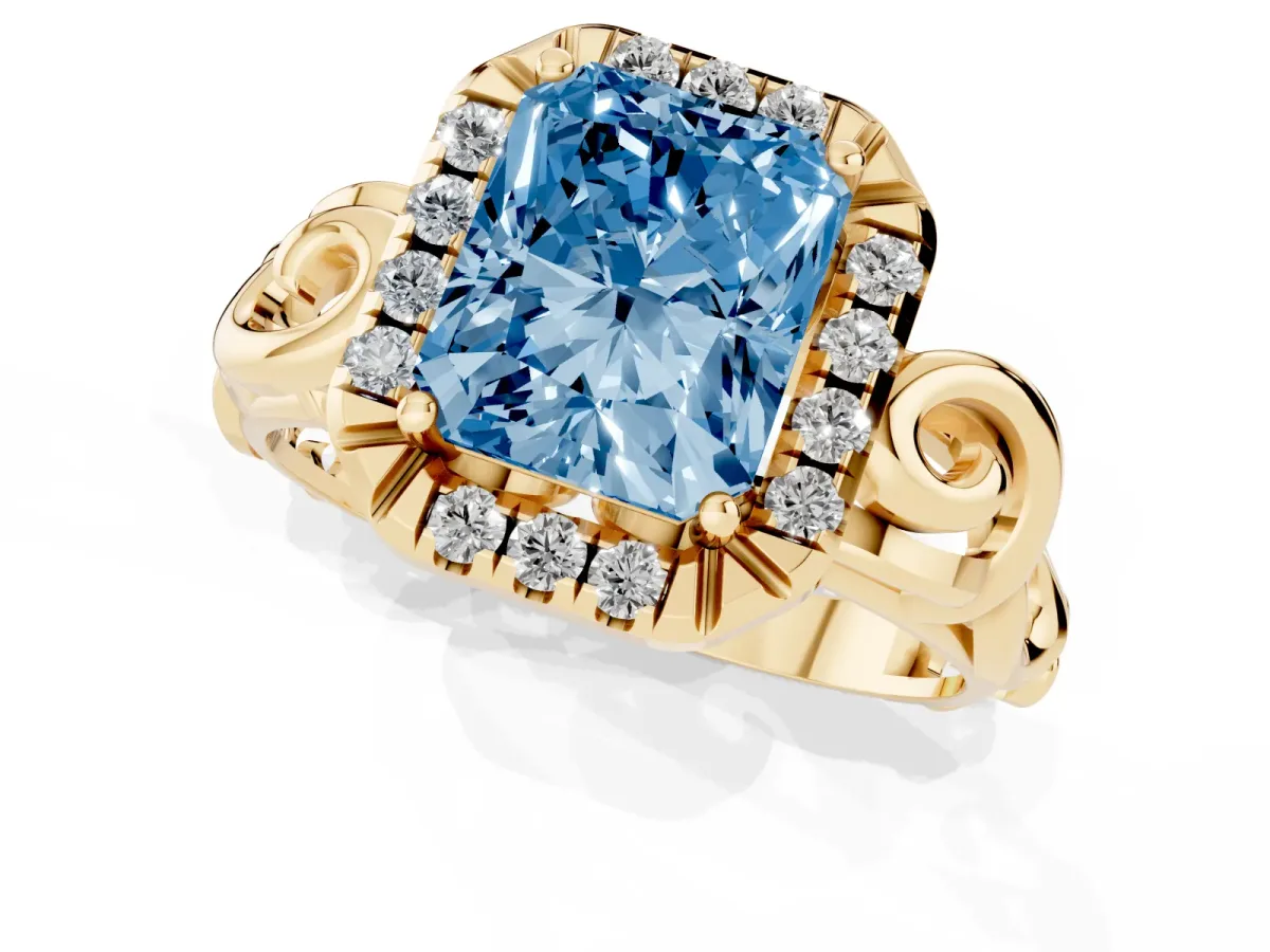 Fancy Blue Radiant Cut Cut Halo Diamond Ring with Scrollwork Band and Four-Prong Setting Yellow gold