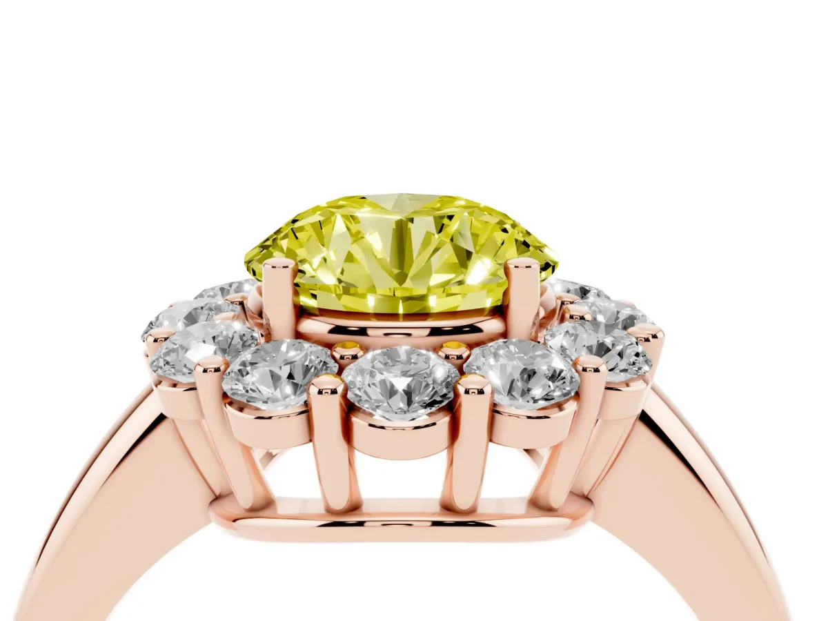 Fancy Yellow Round Cut Halo Cluster Diamond Engagement Ring with Prong Setting and Polished Band Rose gold