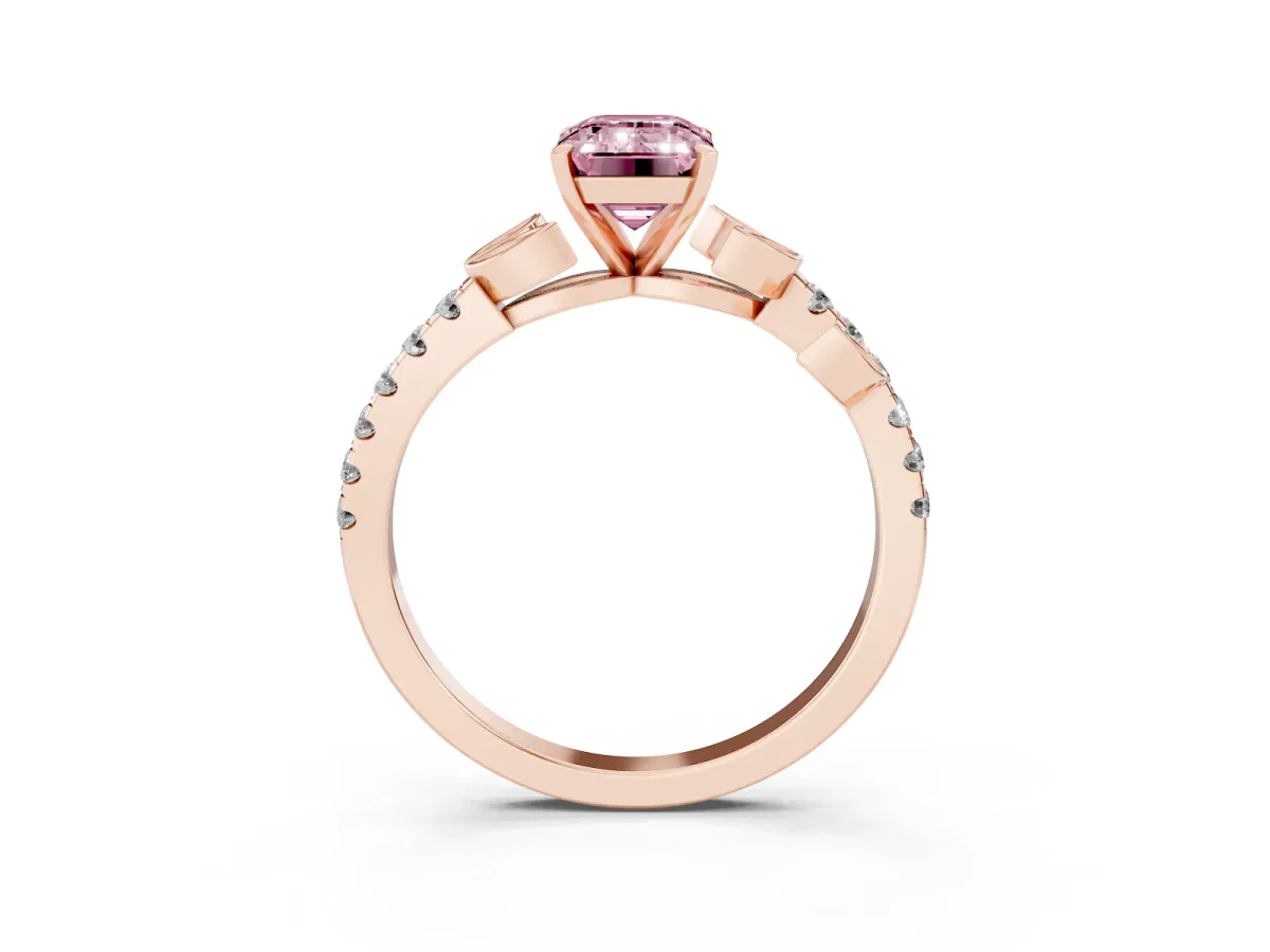 Fancy Pink Emerald Cut Solitaire Leaf-Inspired Diamond Ring with Pavé Band and Four-Prong Setting Rose gold