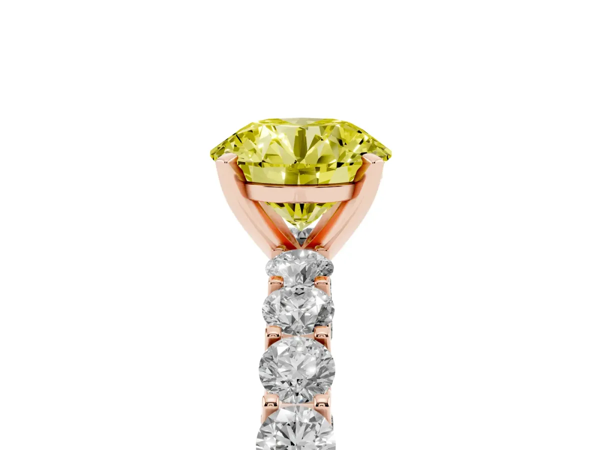 Fancy Yellow Round Cut Diamond Solitaire Ring with Shared Prong Pavé Band and Four-Prong Setting Rose gold