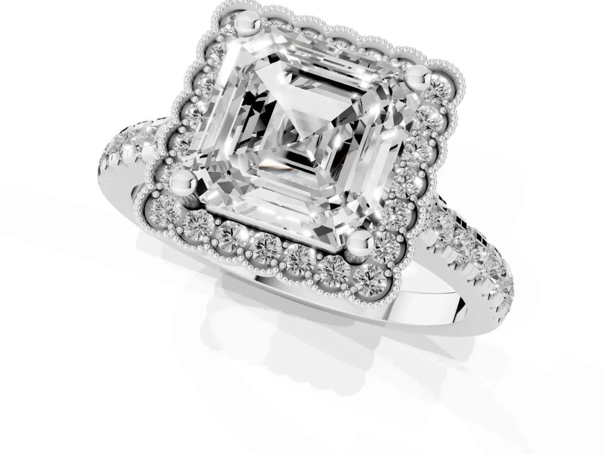Asscher Cut Cut Diamond Milgrain Floral Halo Engagement Ring with Pavé Band Silver