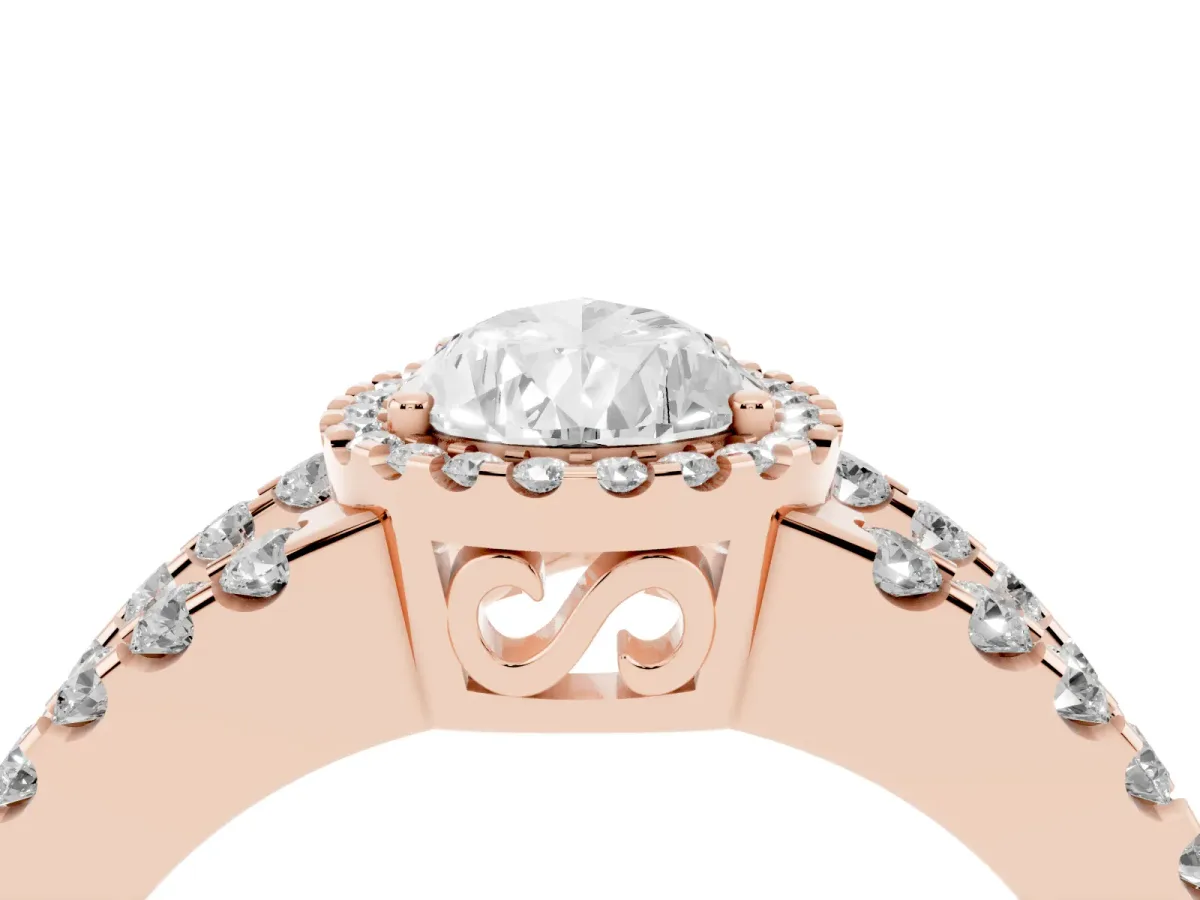Pear Cut Cut Halo Split Shank Diamond Ring with Four-Prong Setting Rose gold
