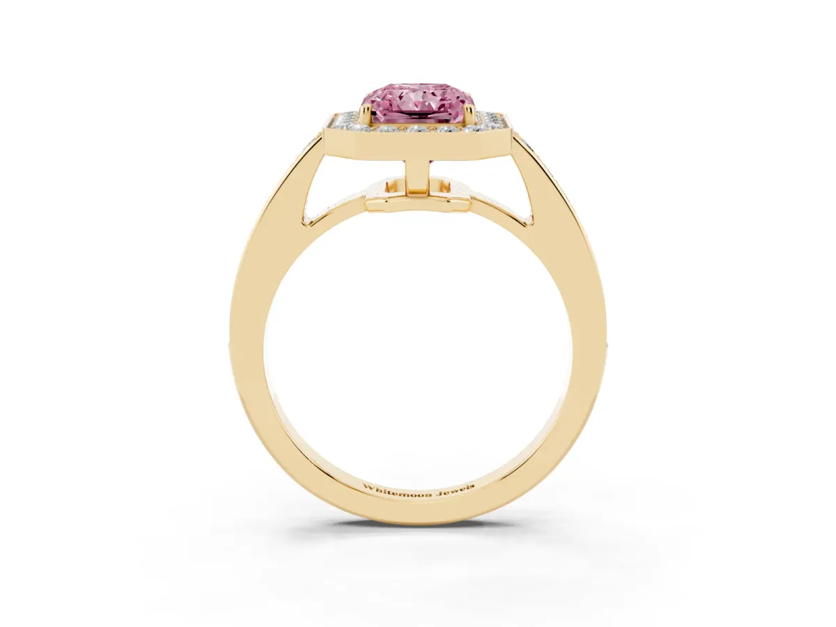 Fancy Pink Radiant Cut Halo Pavé Diamond Engagement Ring with Bezel Setting Yellow gold