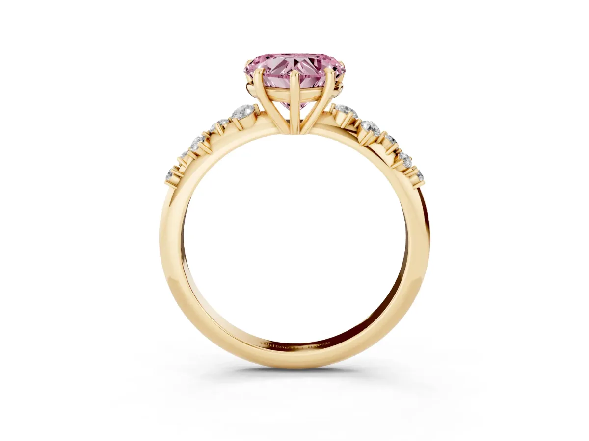 Fancy Pink Heart Cut Diamond Cluster Side Stone Solitaire Ring with Prong Setting Yellow gold