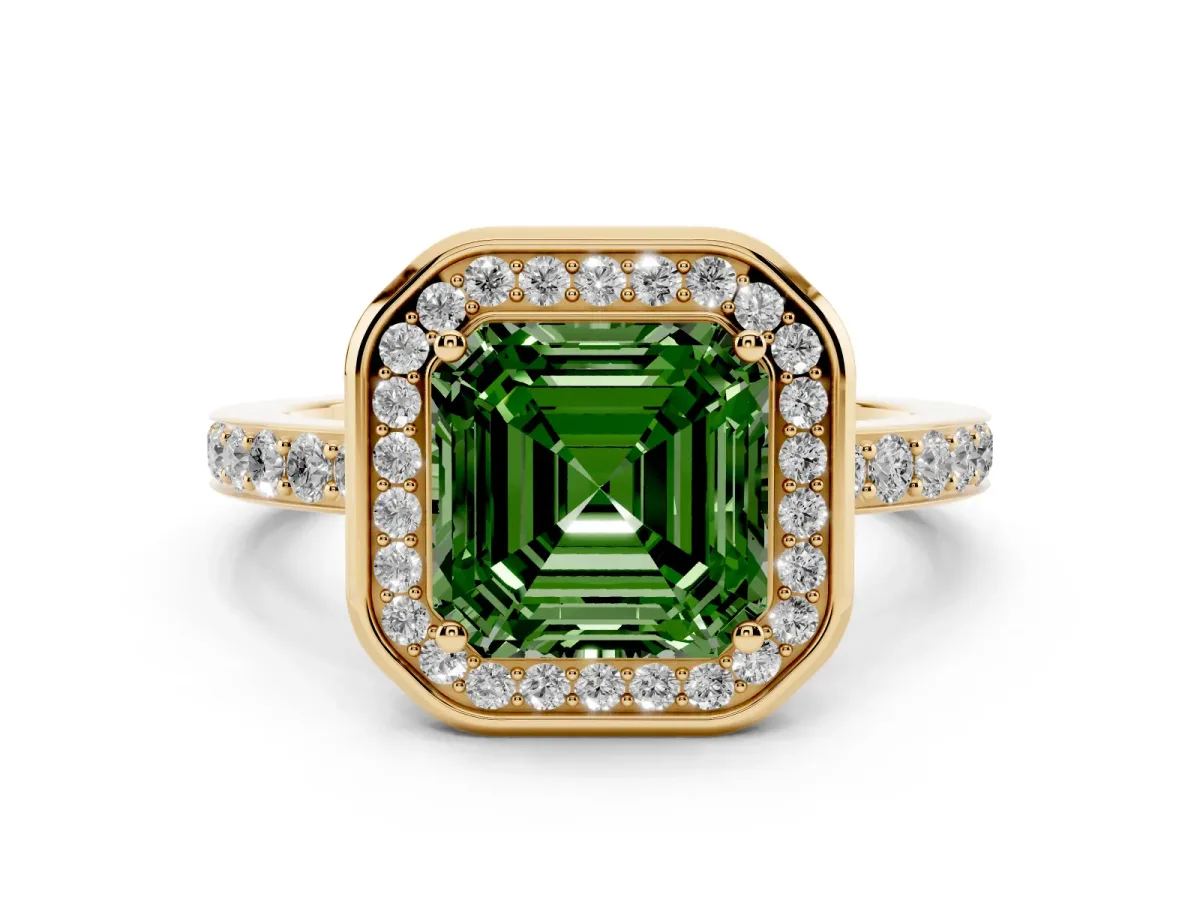 Fancy Green Asscher Cut Diamond Halo Ring with Bezel Frame and Pavé Band Yellow gold