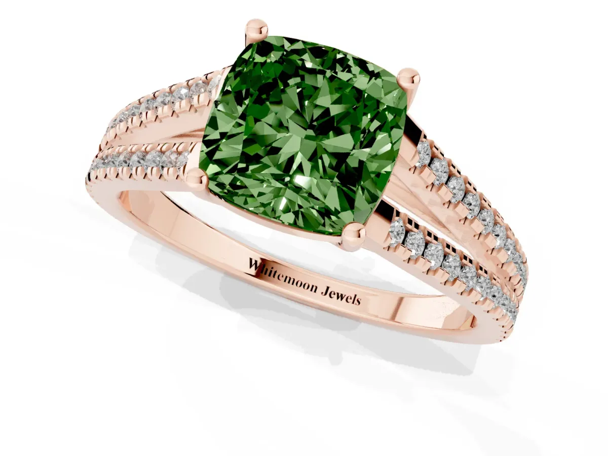 Fancy Green Cushion Cut Diamond Solitaire Engagement Ring with Split Shank Pavé Band Rose gold