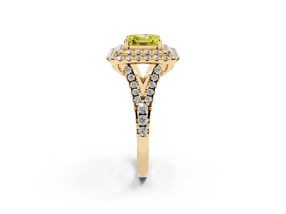Fancy Yellow Double Halo Asscher Cut Diamond Pavé Split Shank Ring with Prong Setting Yellow gold
