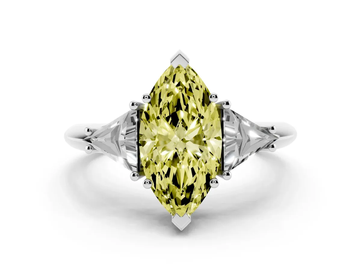 Fancy Yellow Three-Stone Marquise Cut Diamond Engagement Ring with Trillion Side Stones and Prong Setting White gold