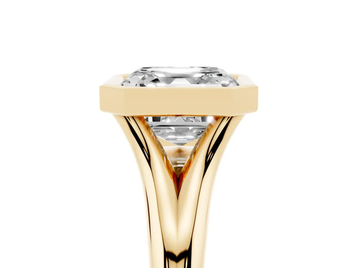 Bezel Set Asscher Cut Solitaire Diamond Ring with Smooth Band Yellow gold