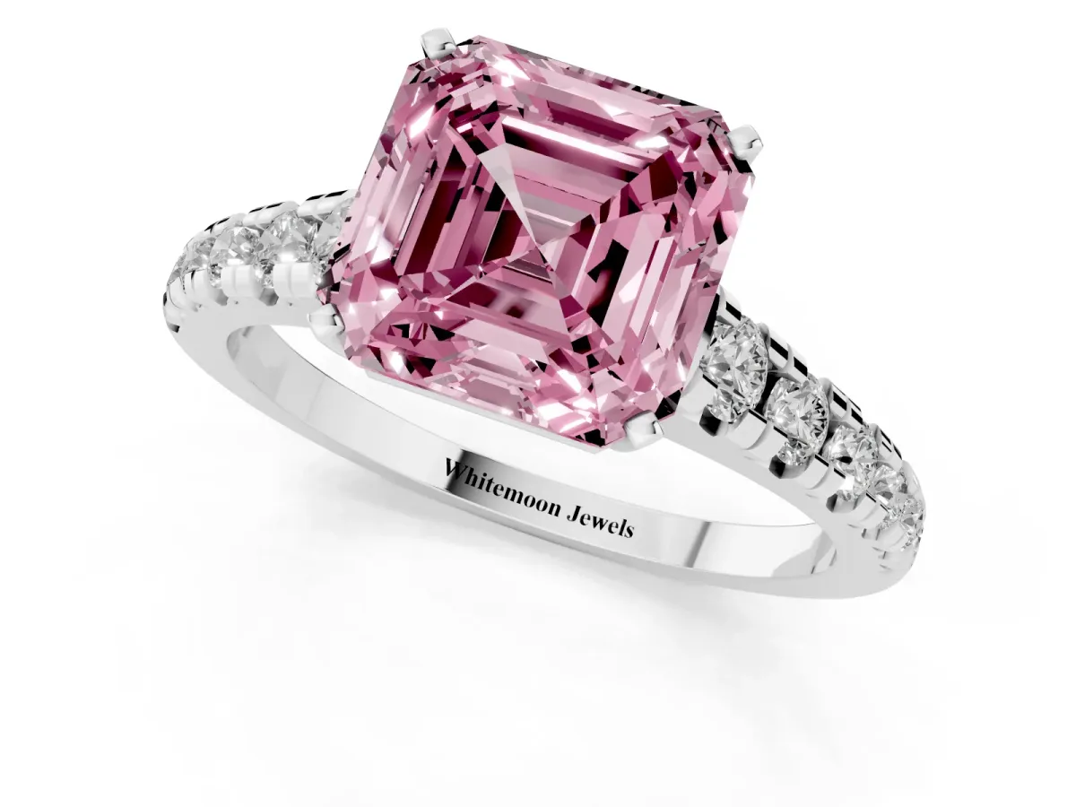 Fancy Pink Asscher Cut Diamond Cathedral Solitaire Ring with Round Pavé Band Silver
