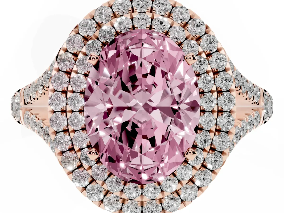 Fancy Pink Oval Cut Cut Double Halo Split Shank Diamond Ring with Prong Setting Rose gold