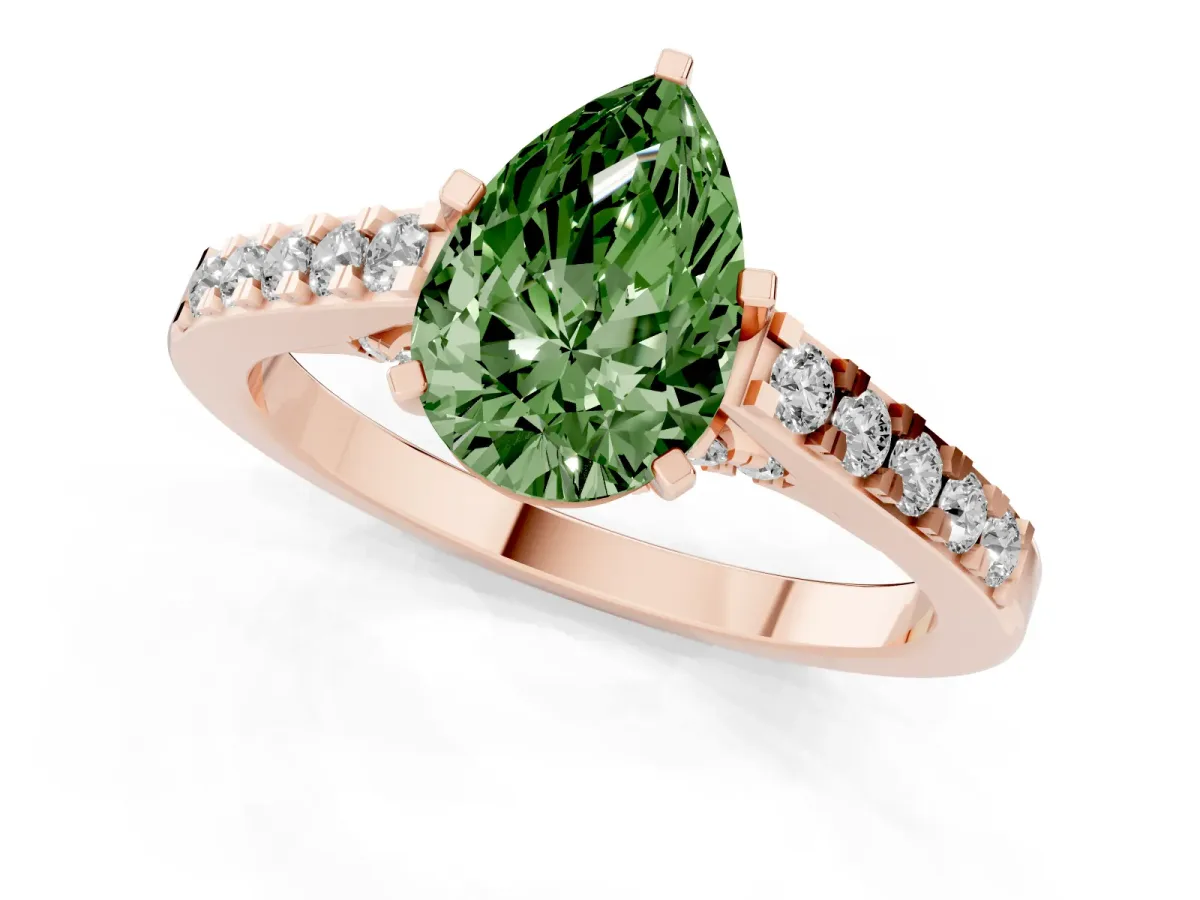 Fancy Green Pear Cut Diamond Solitaire Ring with Crossover Gallery and Round Pavé Band Rose gold