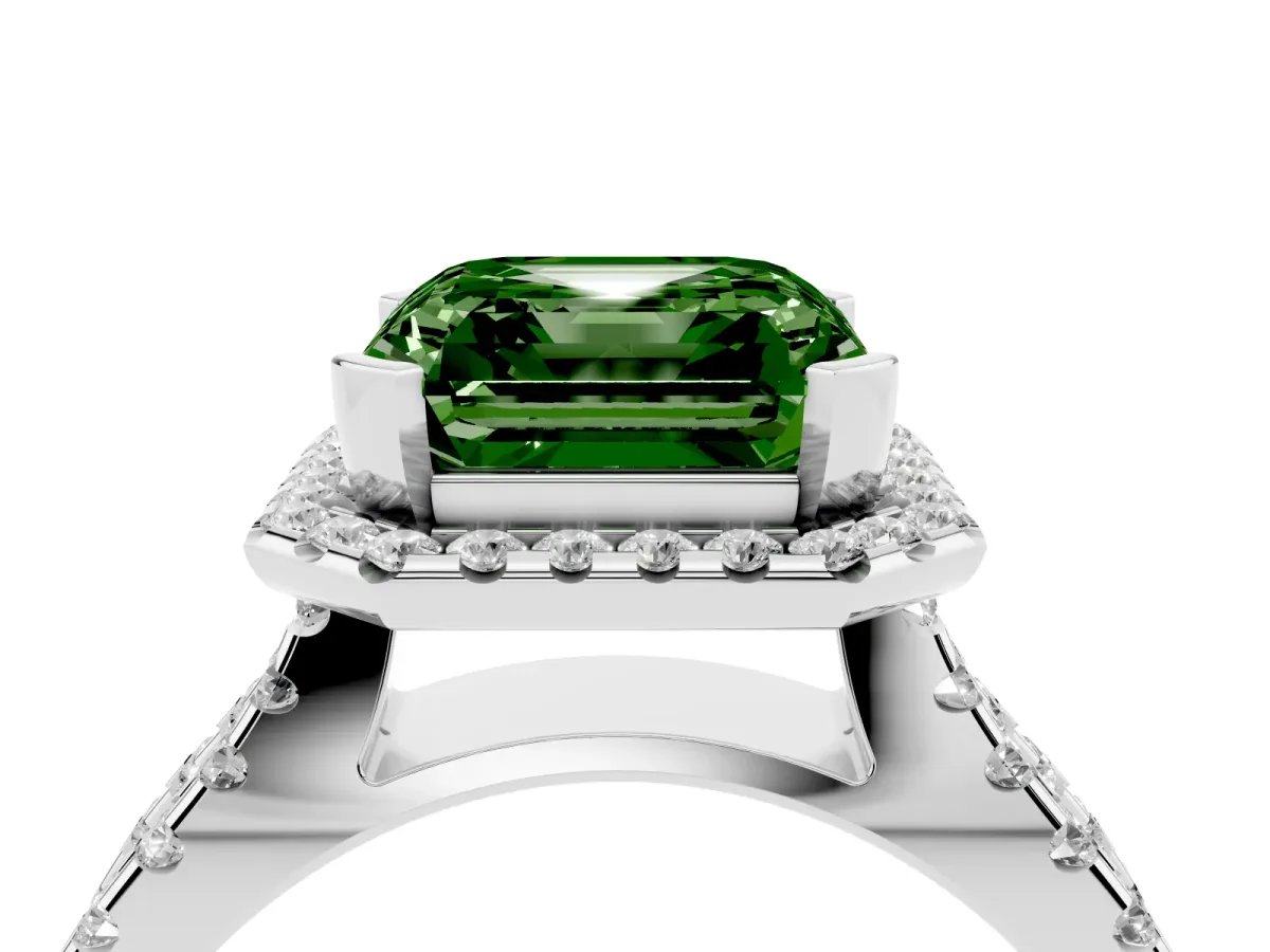 Fancy Green Asscher Cut Diamond Halo Ring with Split Shank Pavé Band and Prong Setting Silver