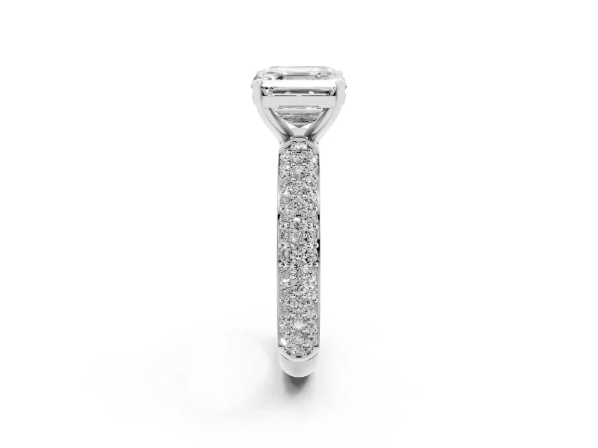 Asscher Cut Diamond Solitaire Ring with Prong Setting and Pavé Band Silver