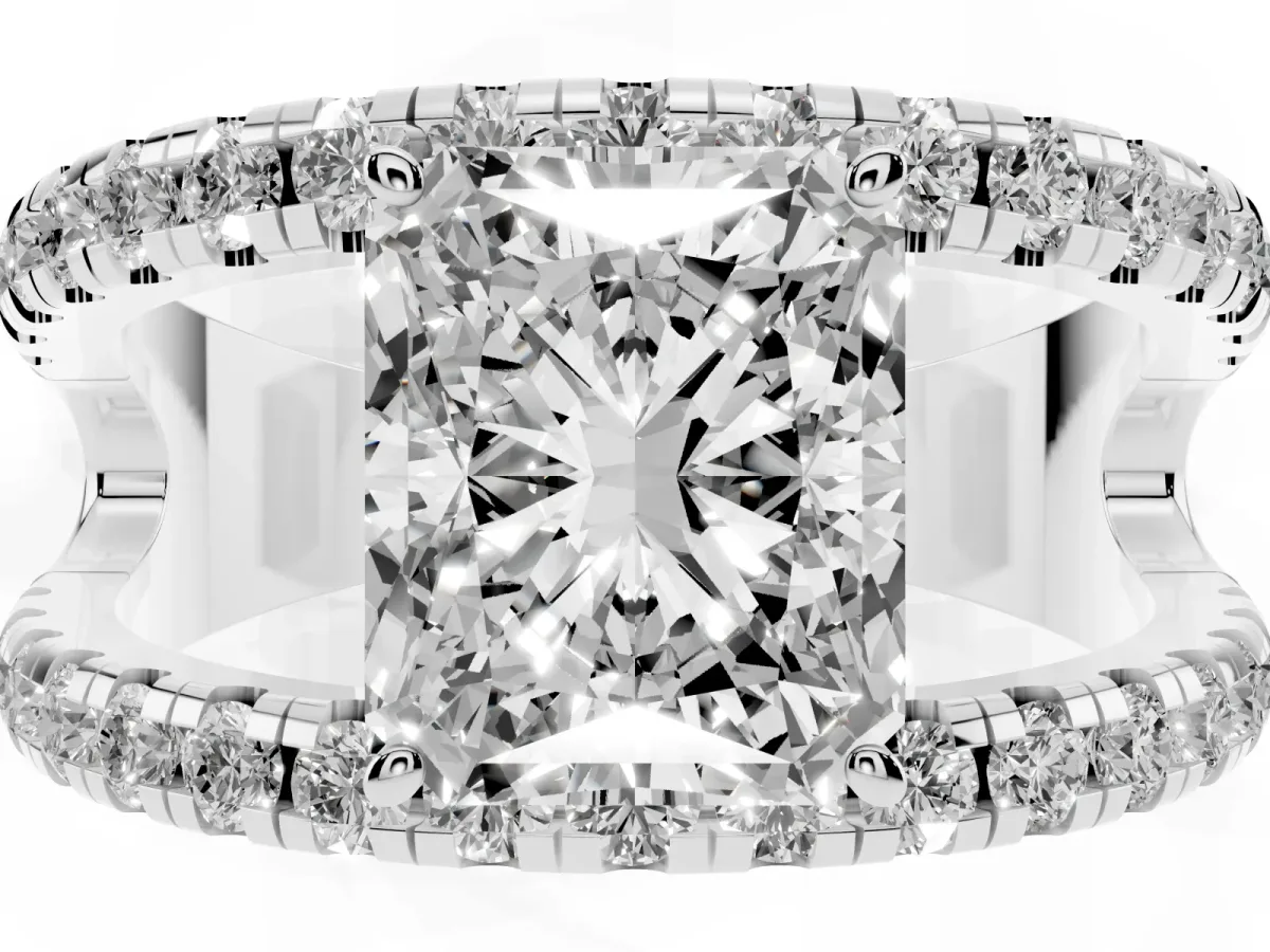 Radiant Cut Solitaire Split Shank Pave Diamond Ring Platinum