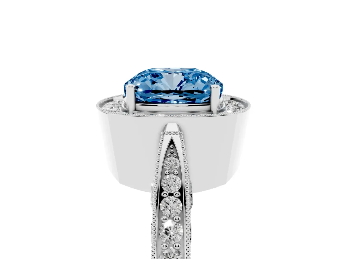 Fancy Blue Cushion Cut Halo Diamond Engagement Ring with Split Shank Band and Four-Prong Setting Silver