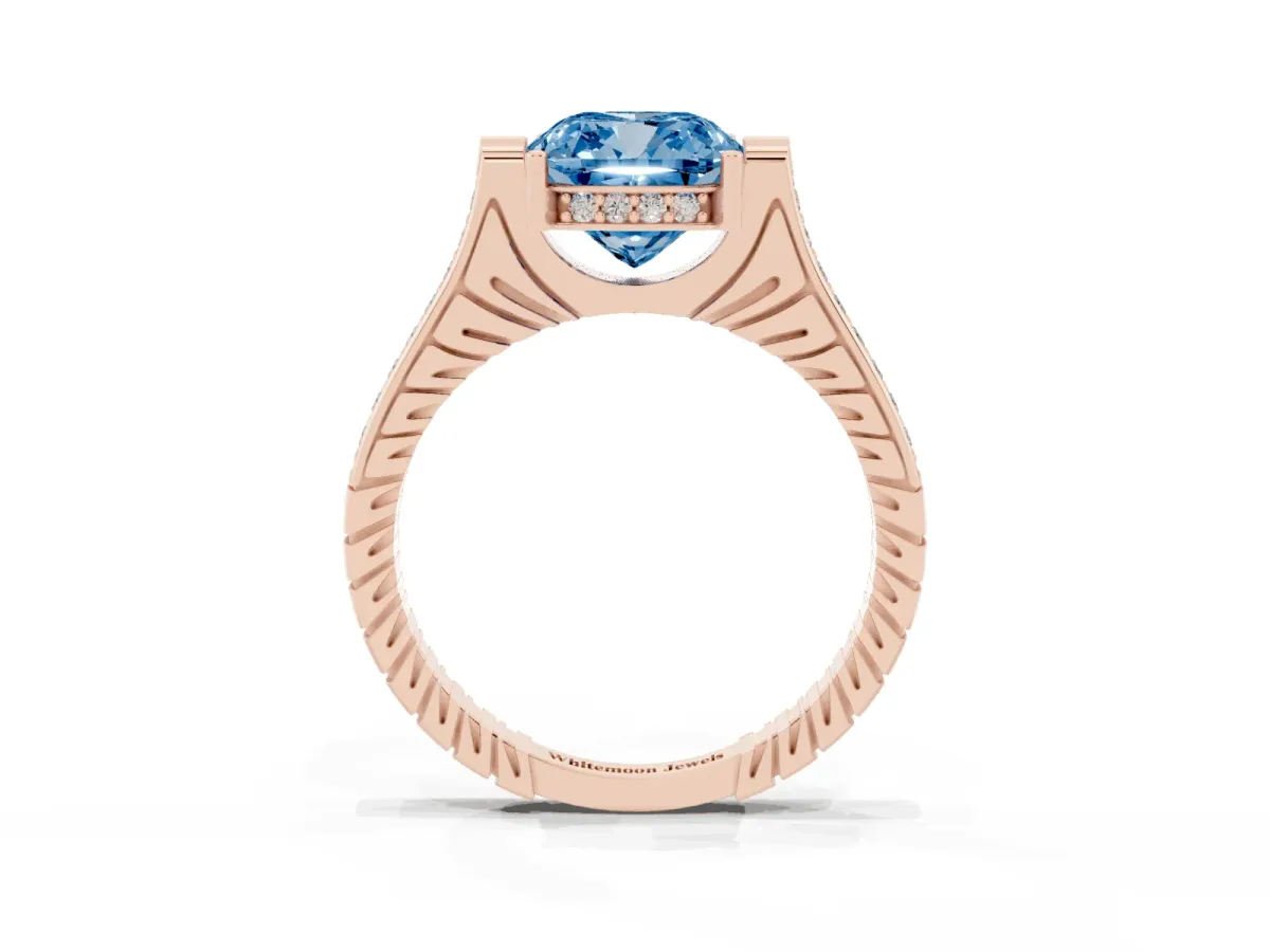 Fancy Blue Cushion Cut Solitaire Diamond Ring with Channel Set Band and Bezel Prong Setting Rose gold