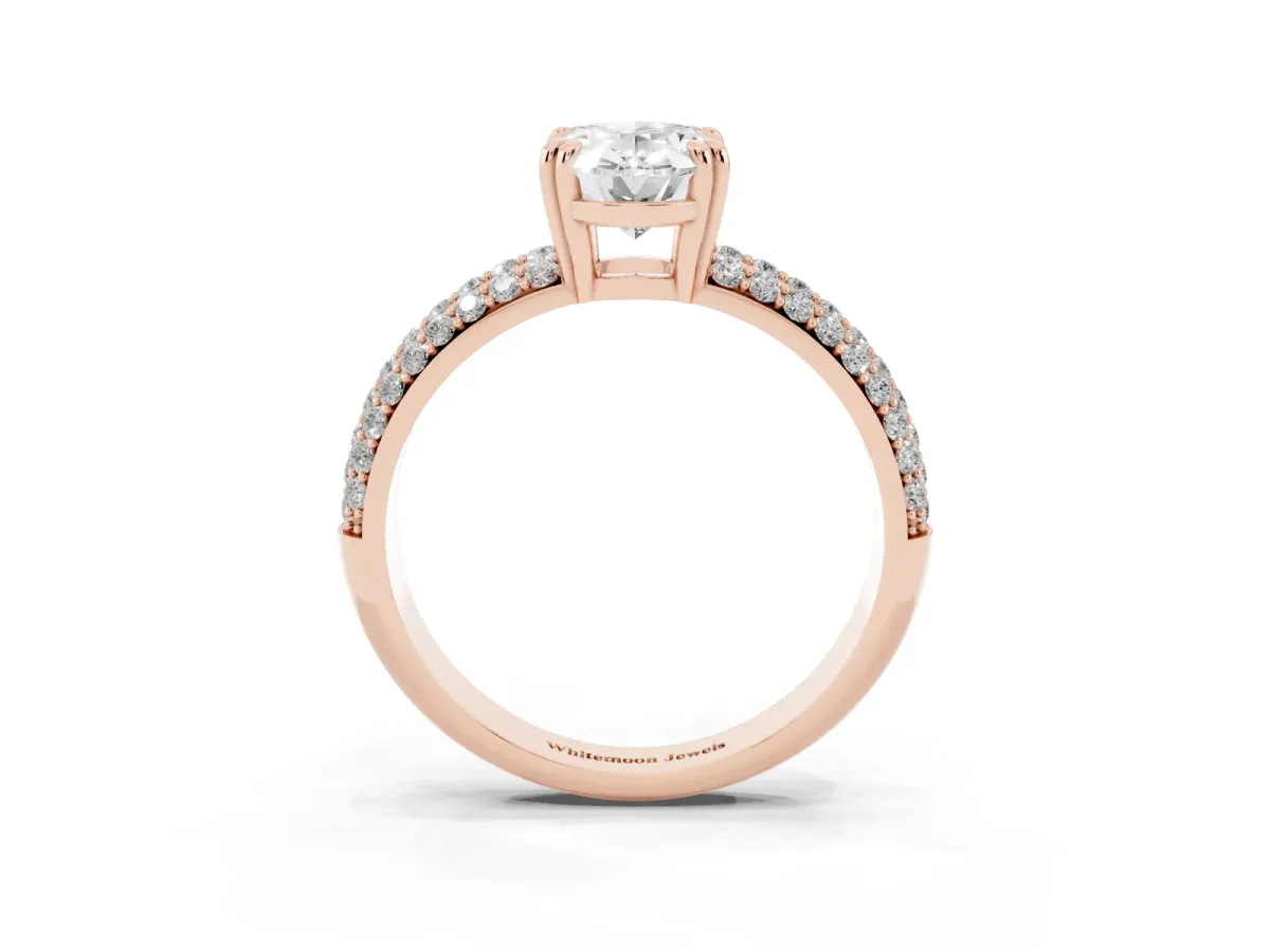 Oval Cut Diamond Solitaire Ring with Multi-Row Round Pavé Band and Prong Setting Rose gold