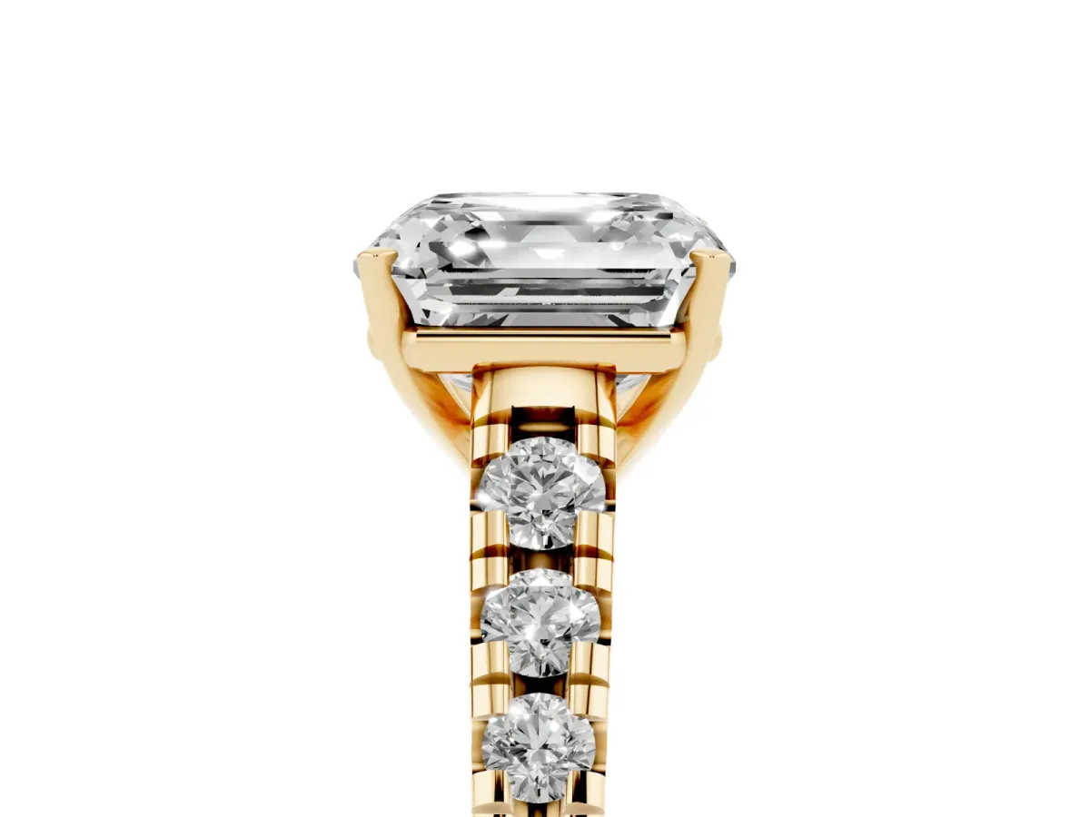Asscher Cut Diamond Cathedral Solitaire Ring with Round Pavé Band Yellow gold