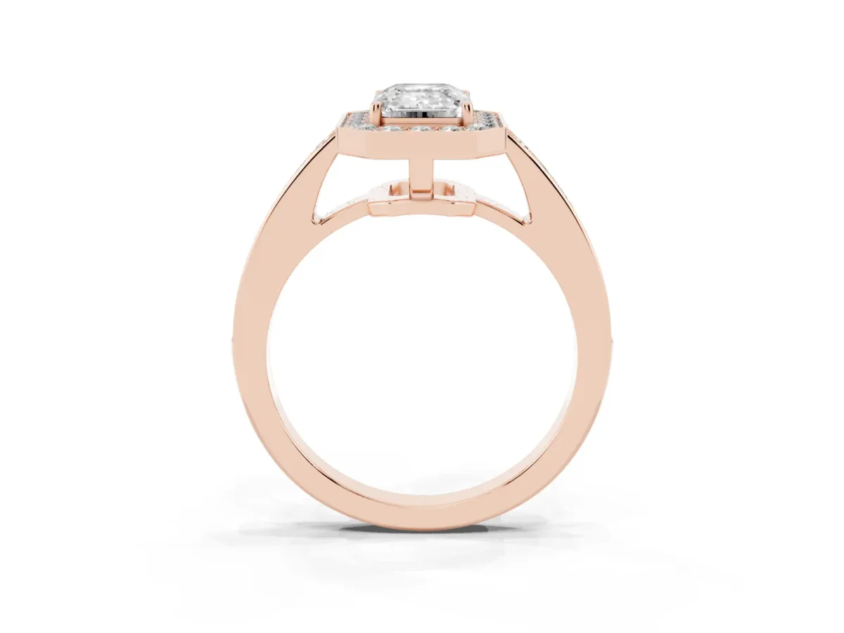 Emerald Cut Halo Pavé Diamond Engagement Ring with Bezel Setting Rose gold