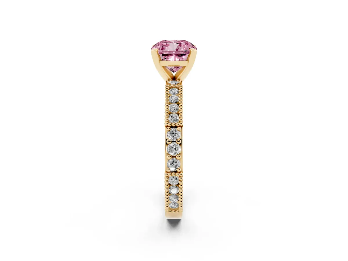 Fancy Pink Cushion Cut Solitaire with Pavé Band and Four-Prong Setting Yellow gold