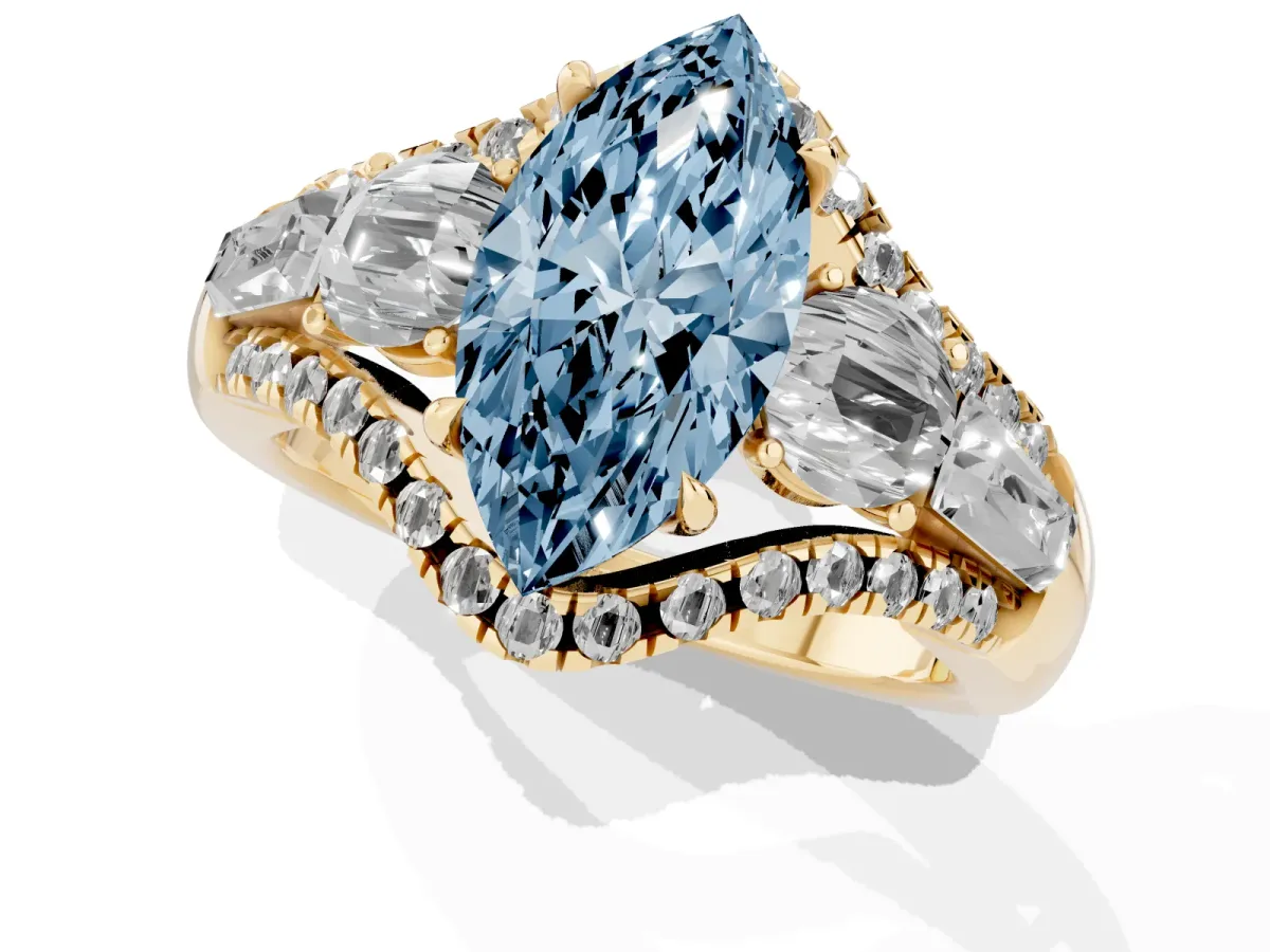 Fancy Blue Three-Stone Marquise Cut Diamond Engagement Ring with Pave Band and Prong Setting Yellow gold