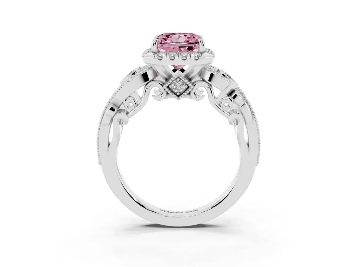 Fancy Pink Princess Cut Diamond Halo Ring with Milgrain Pavé Band and Four-Prong Setting Silver