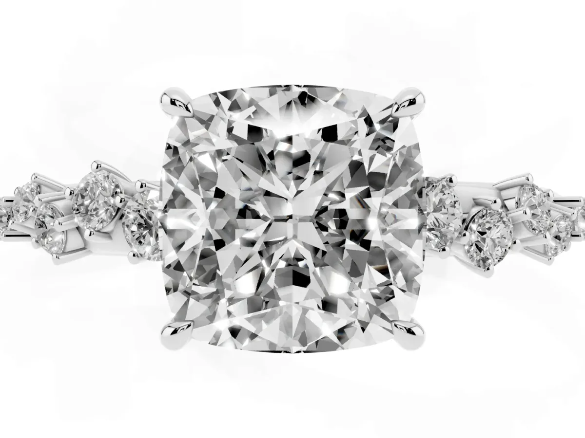 Cushion Cut Diamond Cluster Side Stone Solitaire Ring with Prong Setting Silver