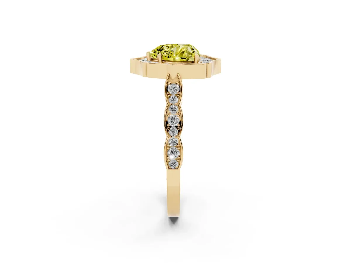 Fancy Yellow Heart Cut Halo Diamond Engagement Ring with Milgrain Band and Four-Prong Setting Yellow gold