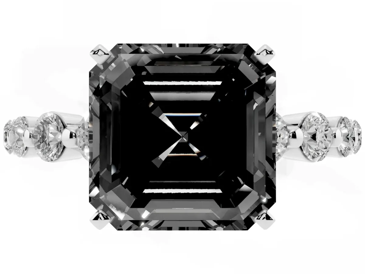 Fancy Black Asscher Cut Solitaire Diamond Ring with Pave Band and Four-Prong Setting Silver