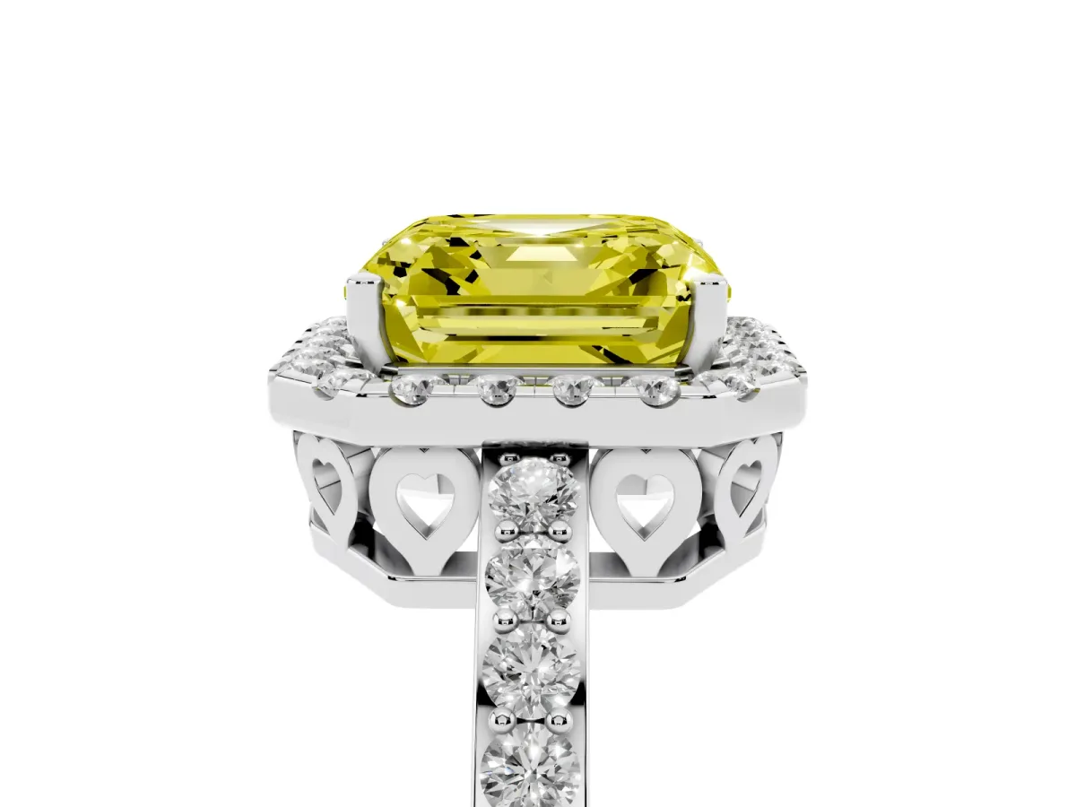 Fancy Yellow Asscher Cut Halo Diamond Pavé Band Ring with Prong Setting Silver
