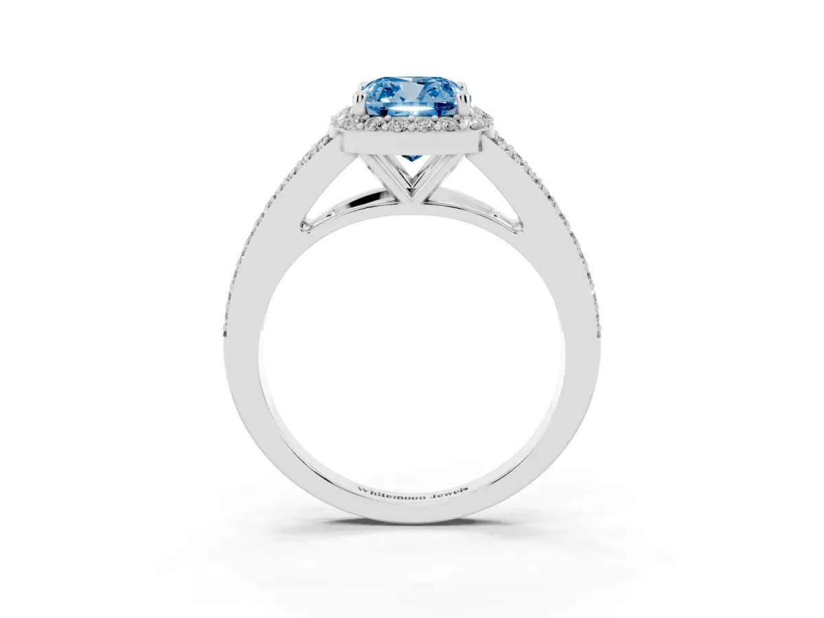 Fancy Blue Cushion Cut Halo Split Shank Diamond Ring with Prong Setting Silver