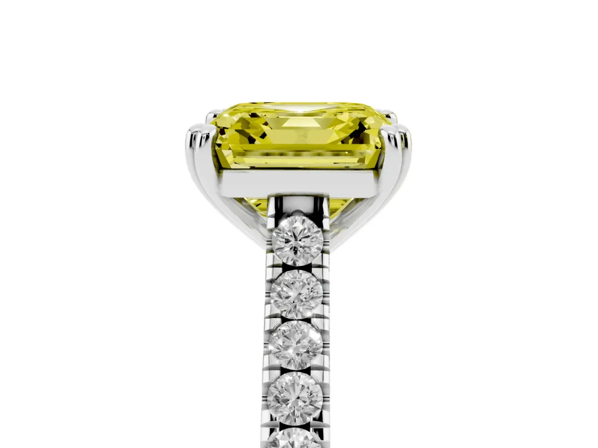 Fancy Yellow Asscher Cut Solitaire Pave Diamond Engagement Ring with Prong Setting Platinum