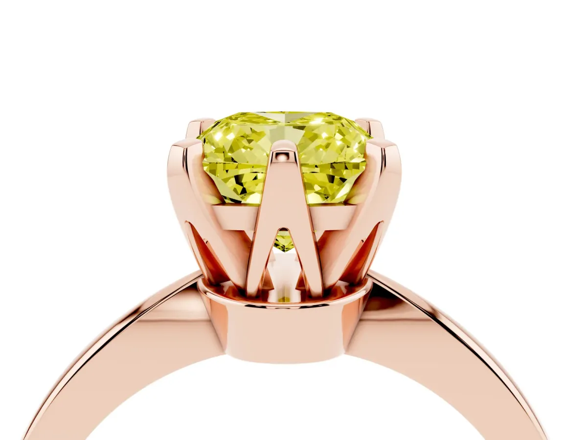 Fancy Yellow Cushion Cut Solitaire Engagement Ring with Six-Prong Setting and Tapered Band Rose gold