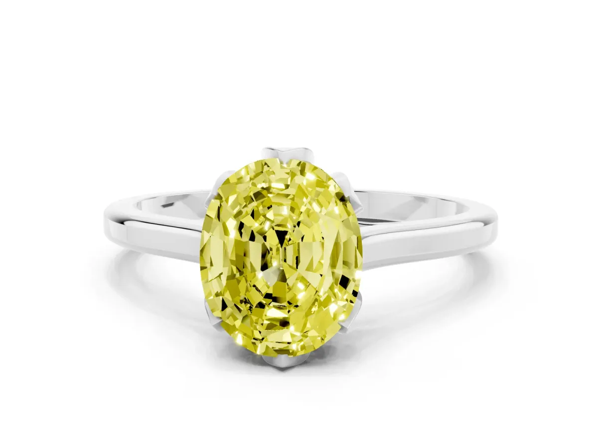 Fancy Yellow Oval Cut Diamond Solitaire Ring with Flower Prong Setting and Classic Band Silver
