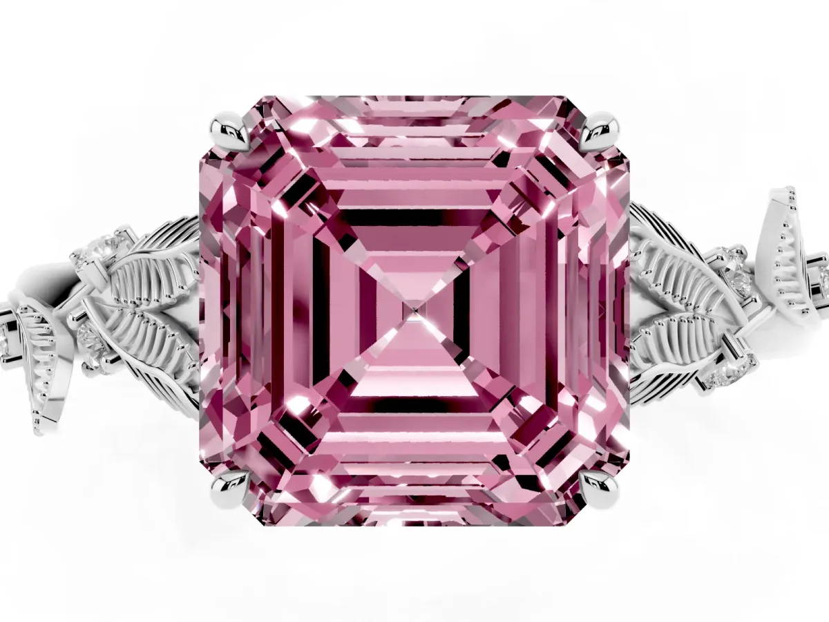 Fancy Pink Asscher Cut Diamond Solitaire Ring with Leaf Motif Band and Four-Prong Setting Platinum