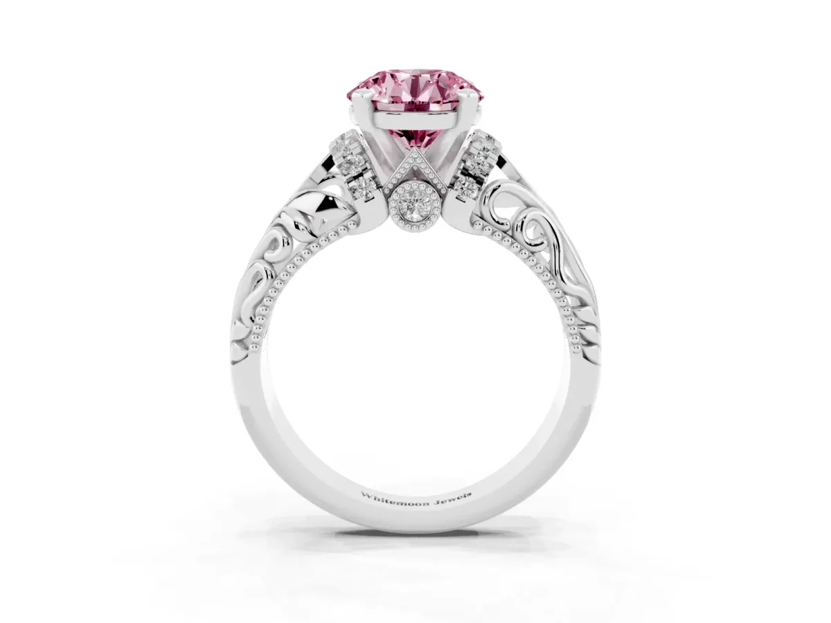 Fancy Pink Round Cut Solitaire Filigree Engagement Ring with Halo and Prong Setting Platinum