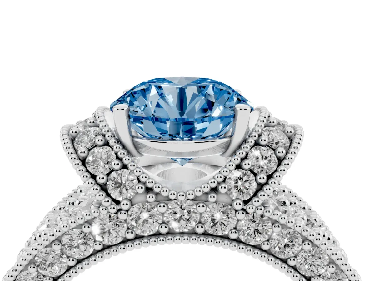 Fancy Blue Round Cut Halo Pave Diamond Engagement Ring with Milgrain Detailing Silver