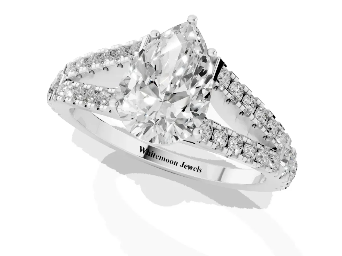 Pear Cut Diamond Split Shank Engagement Ring with Round Pavé and Prong Setting Silver
