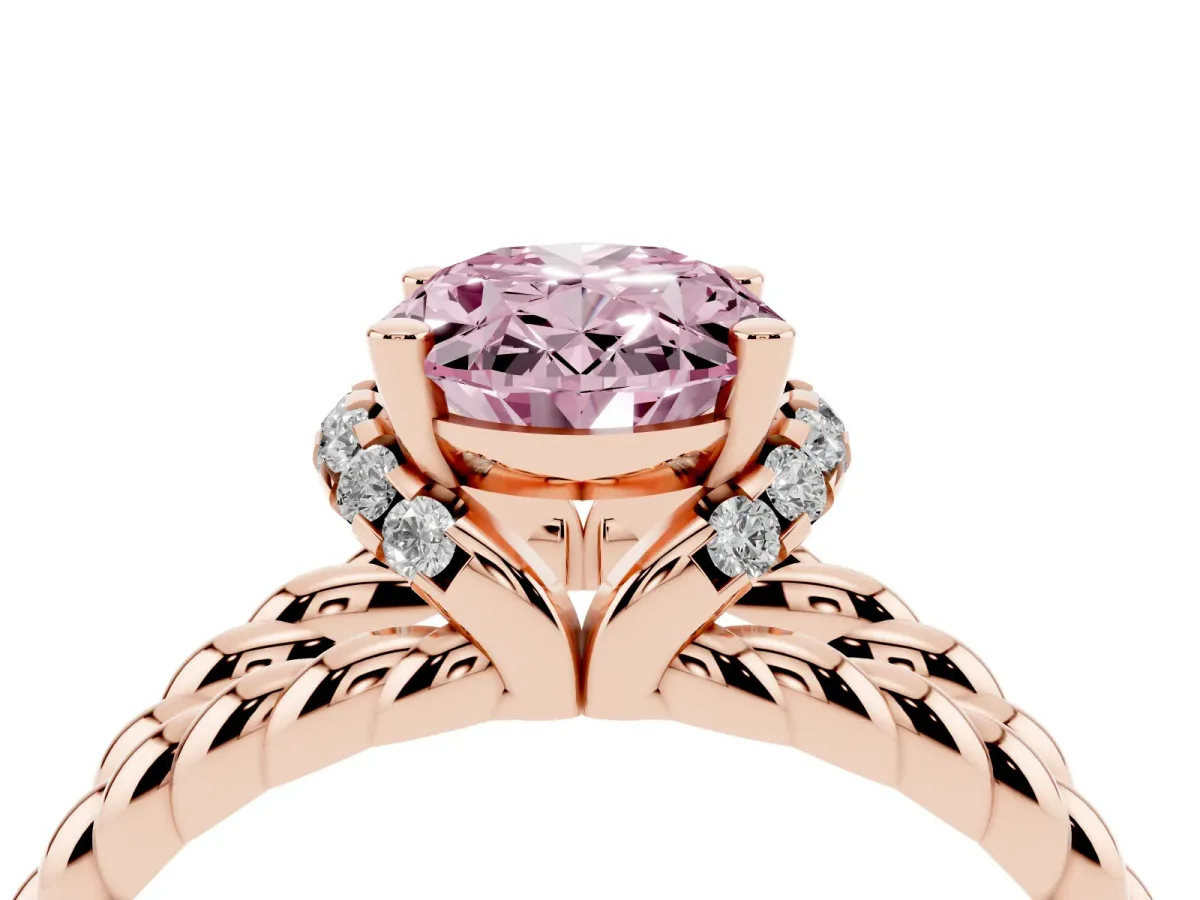 Fancy Pink Oval Cut Halo Twisted Band Four-Prong Ring Rose gold