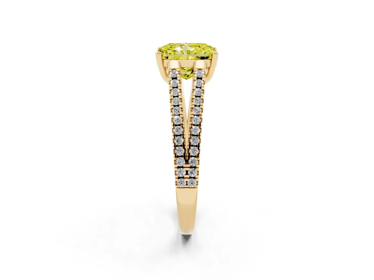 Fancy Yellow Radiant Cut Diamond Solitaire Engagement Ring with Split Shank Pavé Band Yellow gold