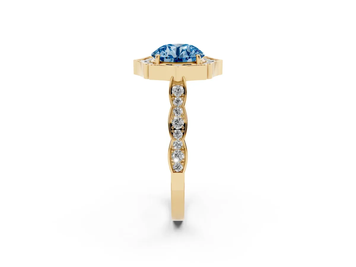 Fancy Blue Round Cut Halo Diamond Engagement Ring with Milgrain Band and Four-Prong Setting Yellow gold