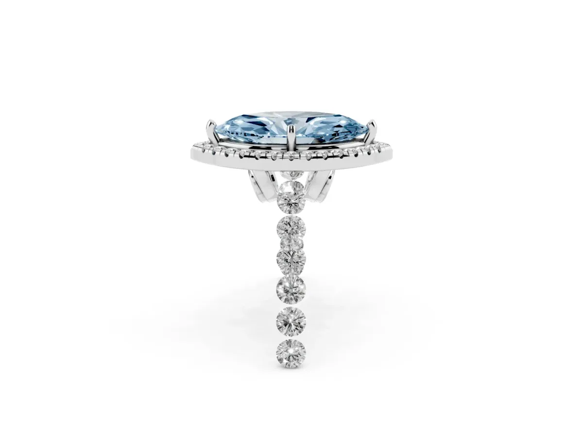 Fancy Blue Marquise Cut Halo Pavé Diamond Engagement Ring with Four-Prong Setting Platinum