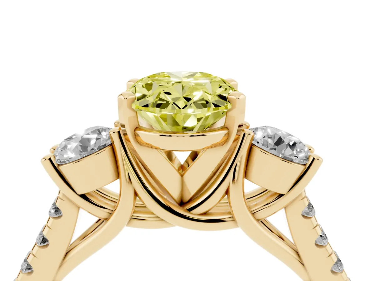 Fancy Yellow Three-Stone Oval Cut Diamond Pavé Band with Four-Prong Setting Yellow gold